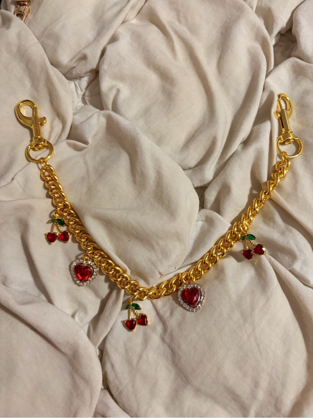 Free People Gold Tone Ruby Heart Crystal Cherry Multi-Charm Bag Chain Strap